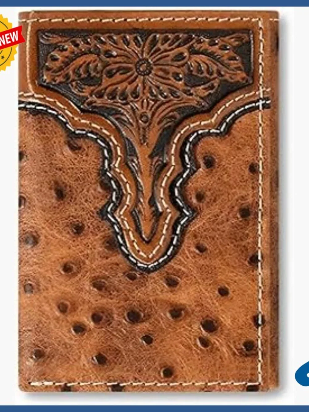 Genuine Leather Tri-Fold Wallet with Ostrich Print and Floral Embossing